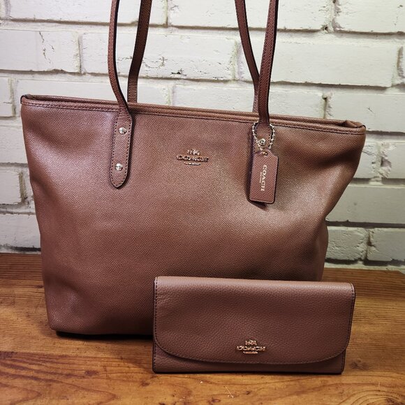 Euc Coach City Zip Top Brown Leather Shoulder Bag w/Wallet Purse - Picture 1 of 16